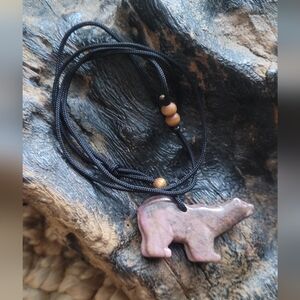 Hand Carved Polar Bear Gemstone Pendant Necklace on Adjustable Cord Strand